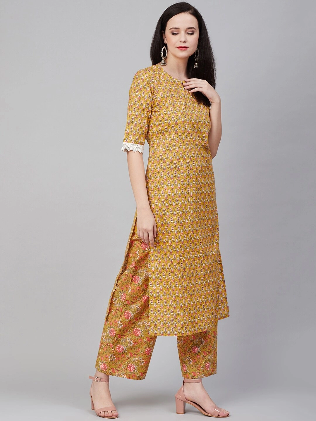 Bhama Couture Women Mustard Yellow &amp; Pink Printed Kurta with Palazzos-L-2