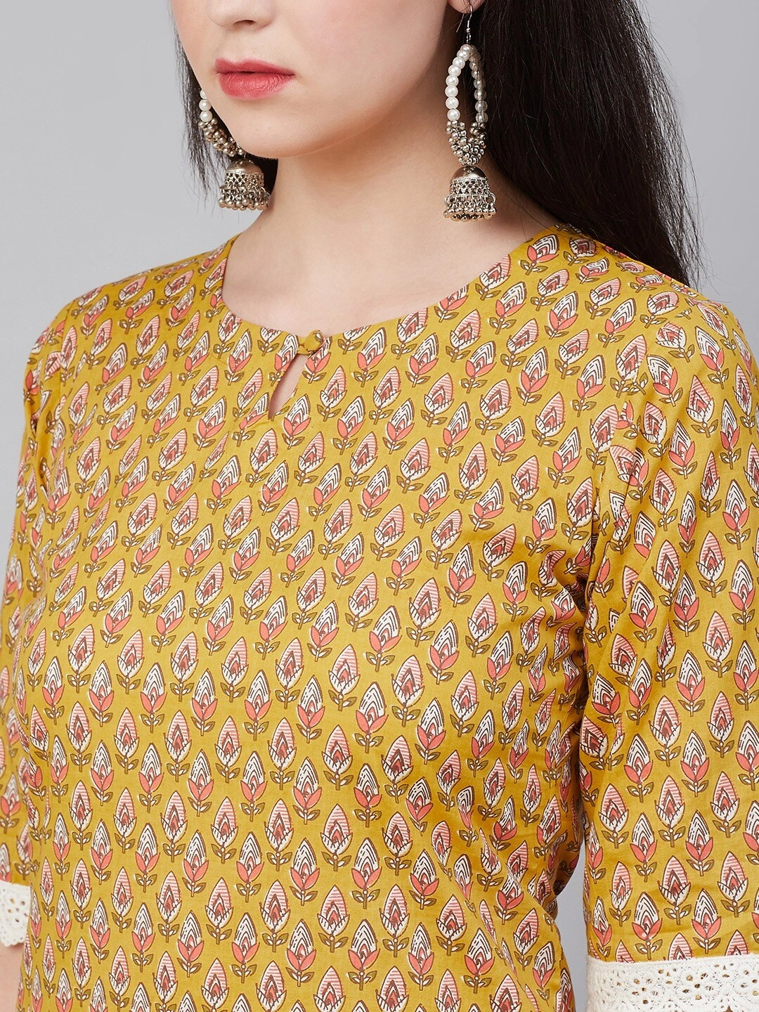 Bhama Couture Women Mustard Yellow &amp; Pink Printed Kurta with Palazzos-L-4