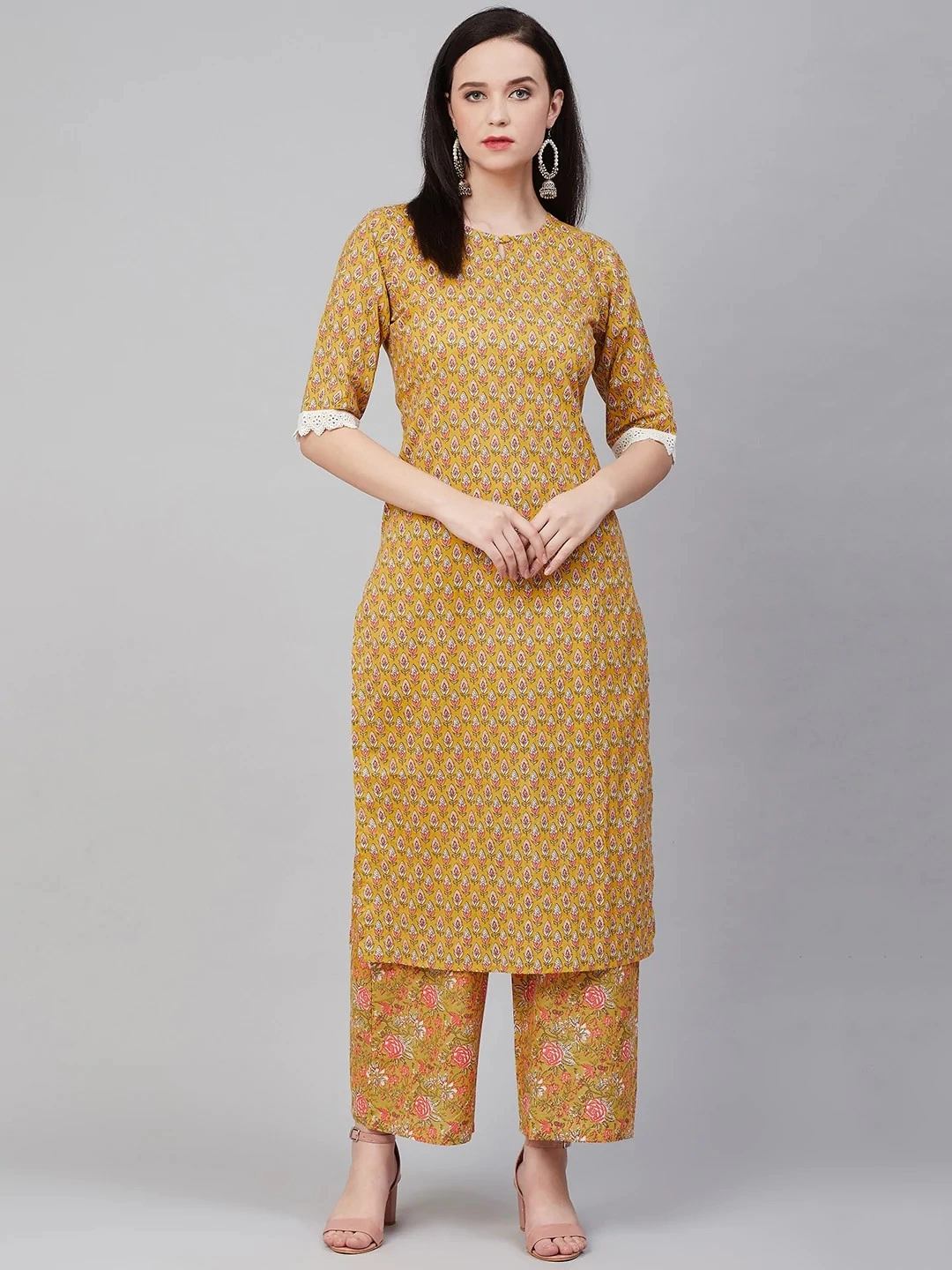 Bhama Couture Women Mustard Yellow &amp; Pink Printed Kurta with Palazzos-BHKS269_M