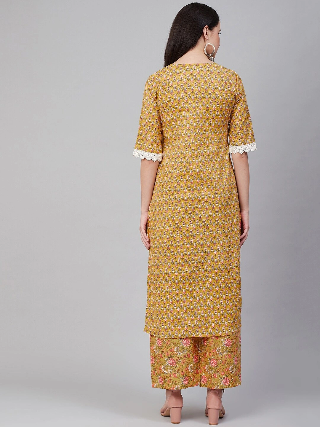 Bhama Couture Women Mustard Yellow &amp; Pink Printed Kurta with Palazzos-M-3