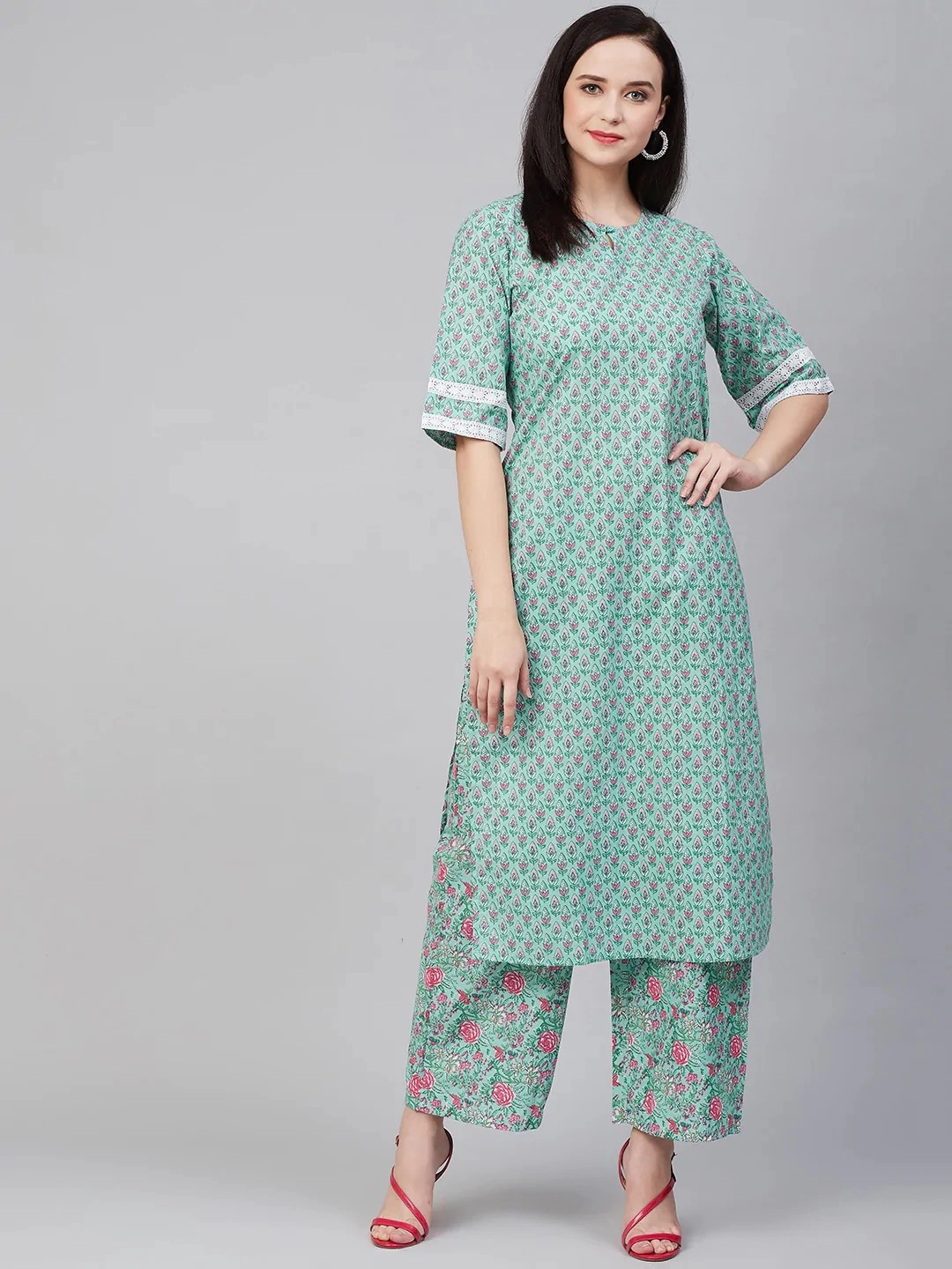 Bhama Couture Women Green &amp; Pink Printed Kurta with Palazzos-BHKS270_L