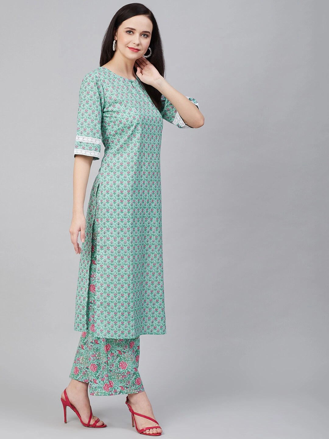 Bhama Couture Women Green &amp; Pink Printed Kurta with Palazzos-L-1