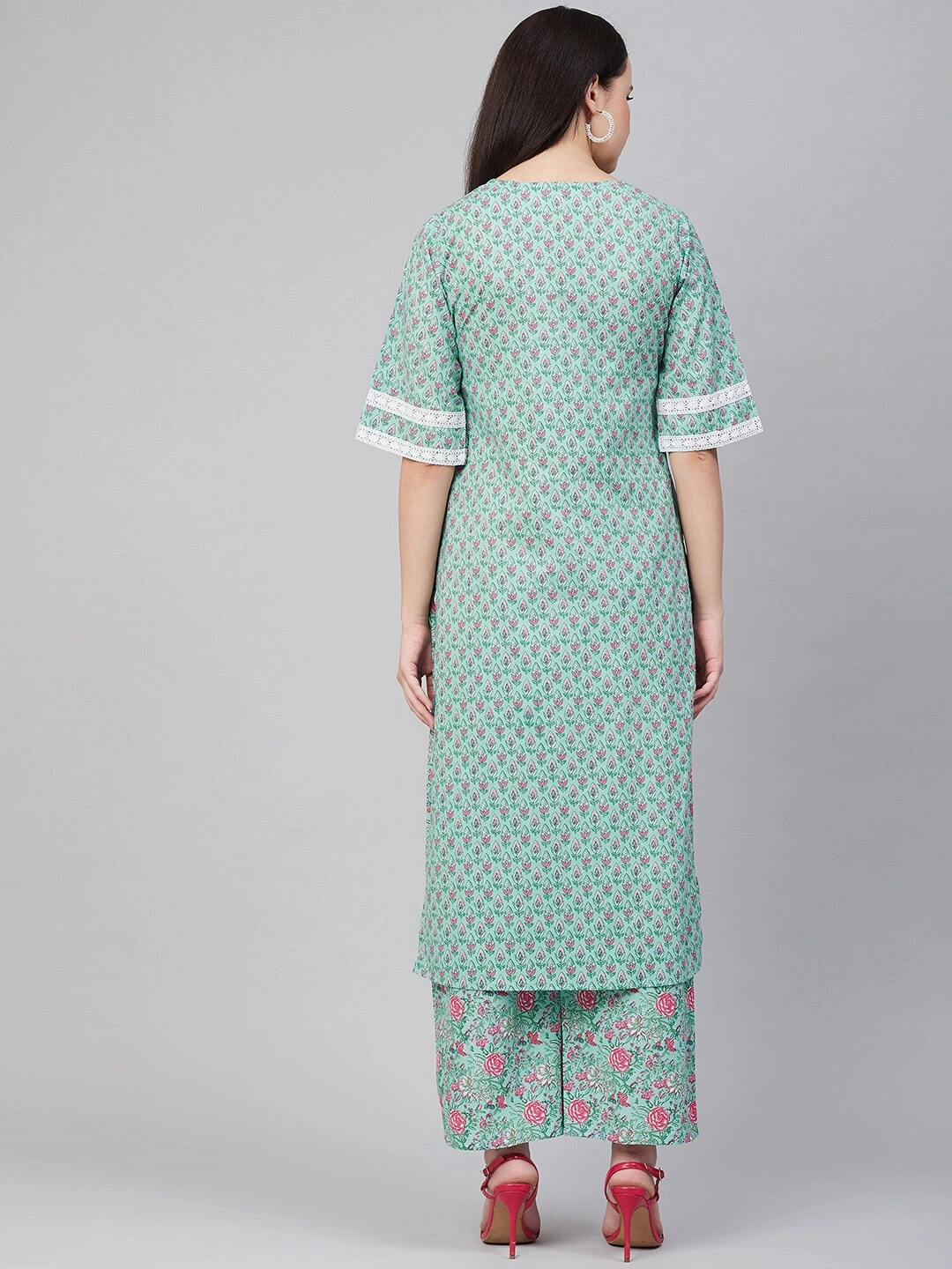 Bhama Couture Women Green &amp; Pink Printed Kurta with Palazzos-L-2