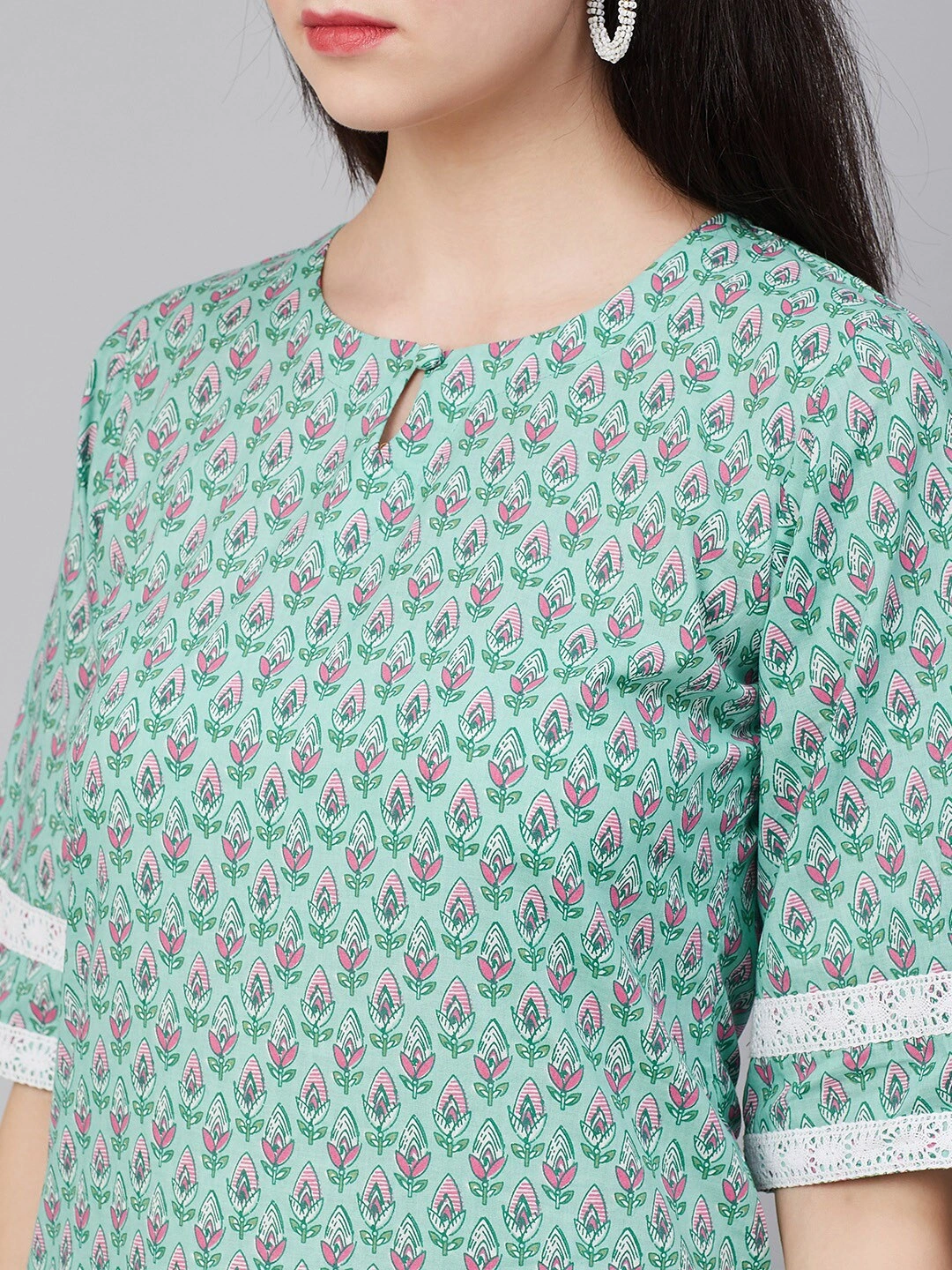 Bhama Couture Women Green &amp; Pink Printed Kurta with Palazzos-L-3