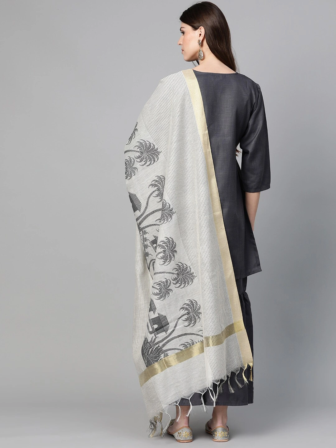 Bhama Couture Women Charcoal Grey Yoke Design Kurta with Sharara &amp; Dupatta-L-2