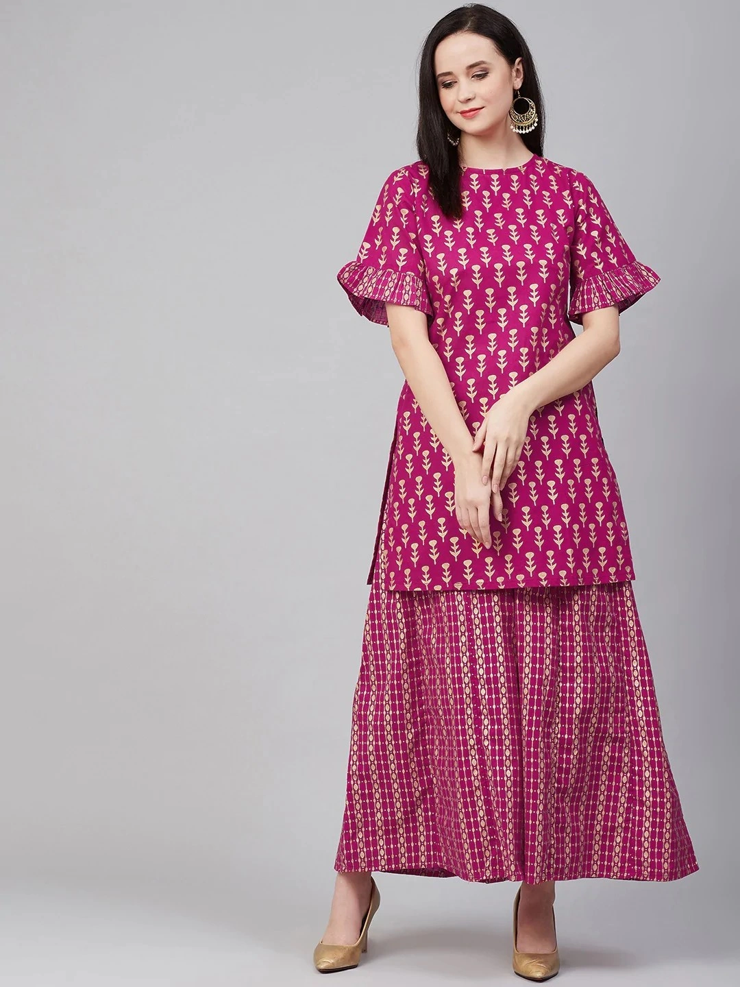 Bhama Couture Women Pink &amp; Golden Block Print Kurta with Palazzos-BHKS272_L