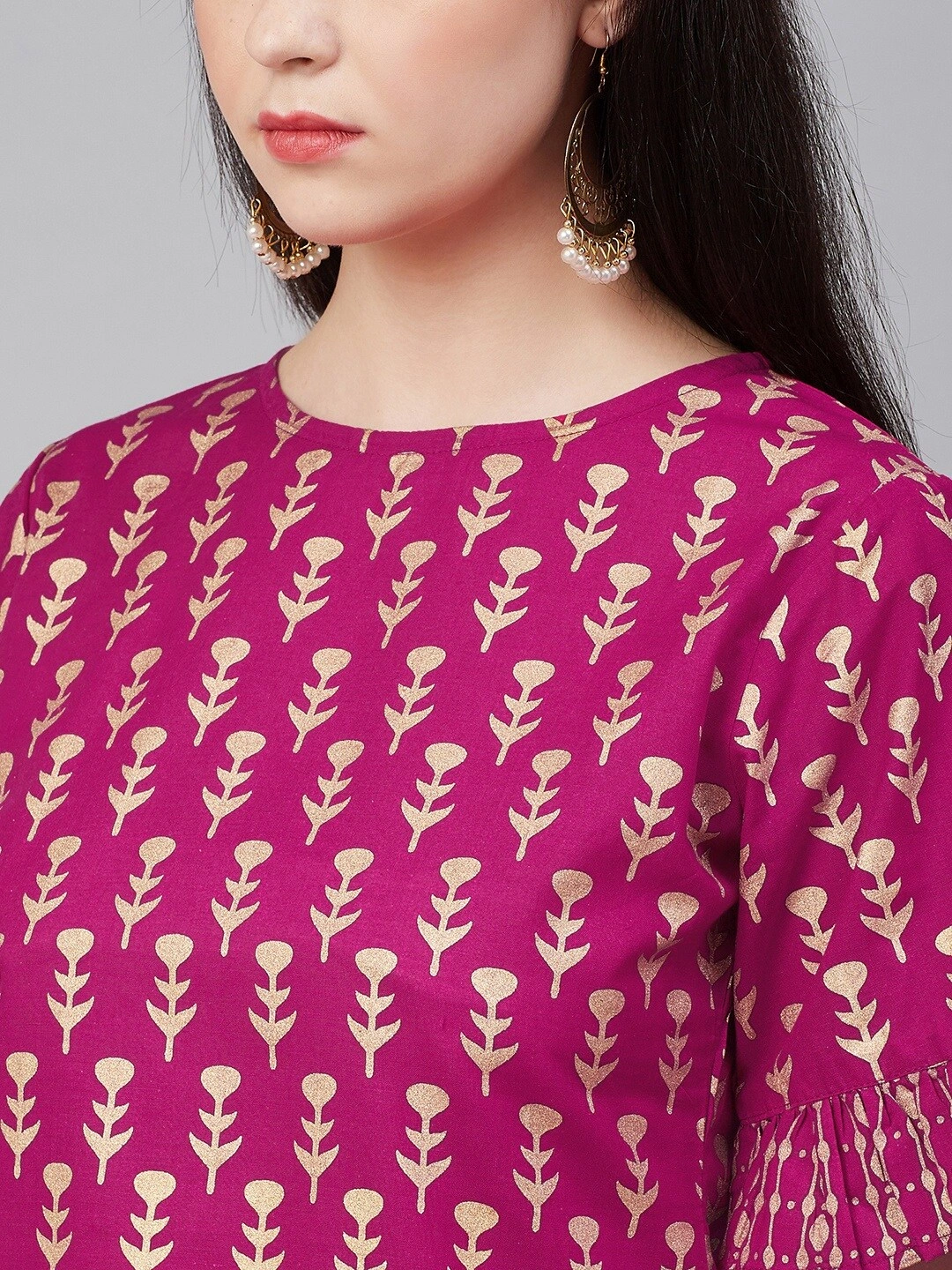 Bhama Couture Women Pink &amp; Golden Block Print Kurta with Palazzos-L-4