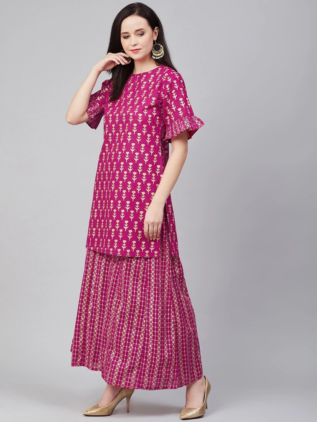 Bhama Couture Women Pink &amp; Golden Block Print Kurta with Palazzos-M-2