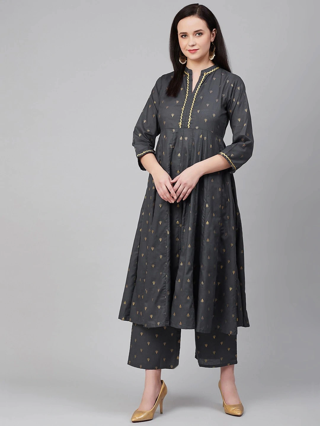 Bhama Couture Women Charcoal Grey &amp; Golden Block Print Anarkali Kurta with Palazzos-BHKS273_L