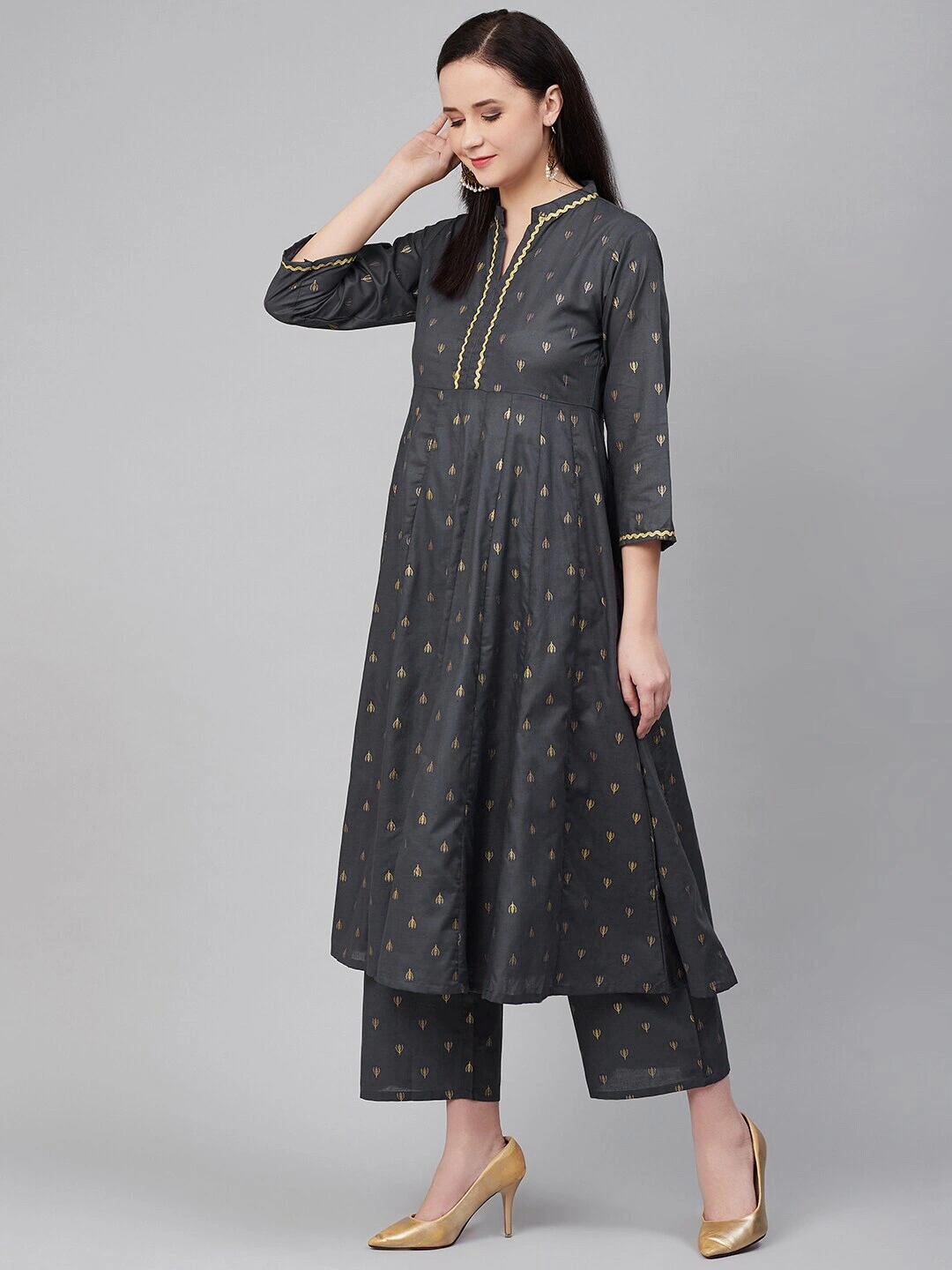 Bhama Couture Women Charcoal Grey &amp; Golden Block Print Anarkali Kurta with Palazzos-M-2