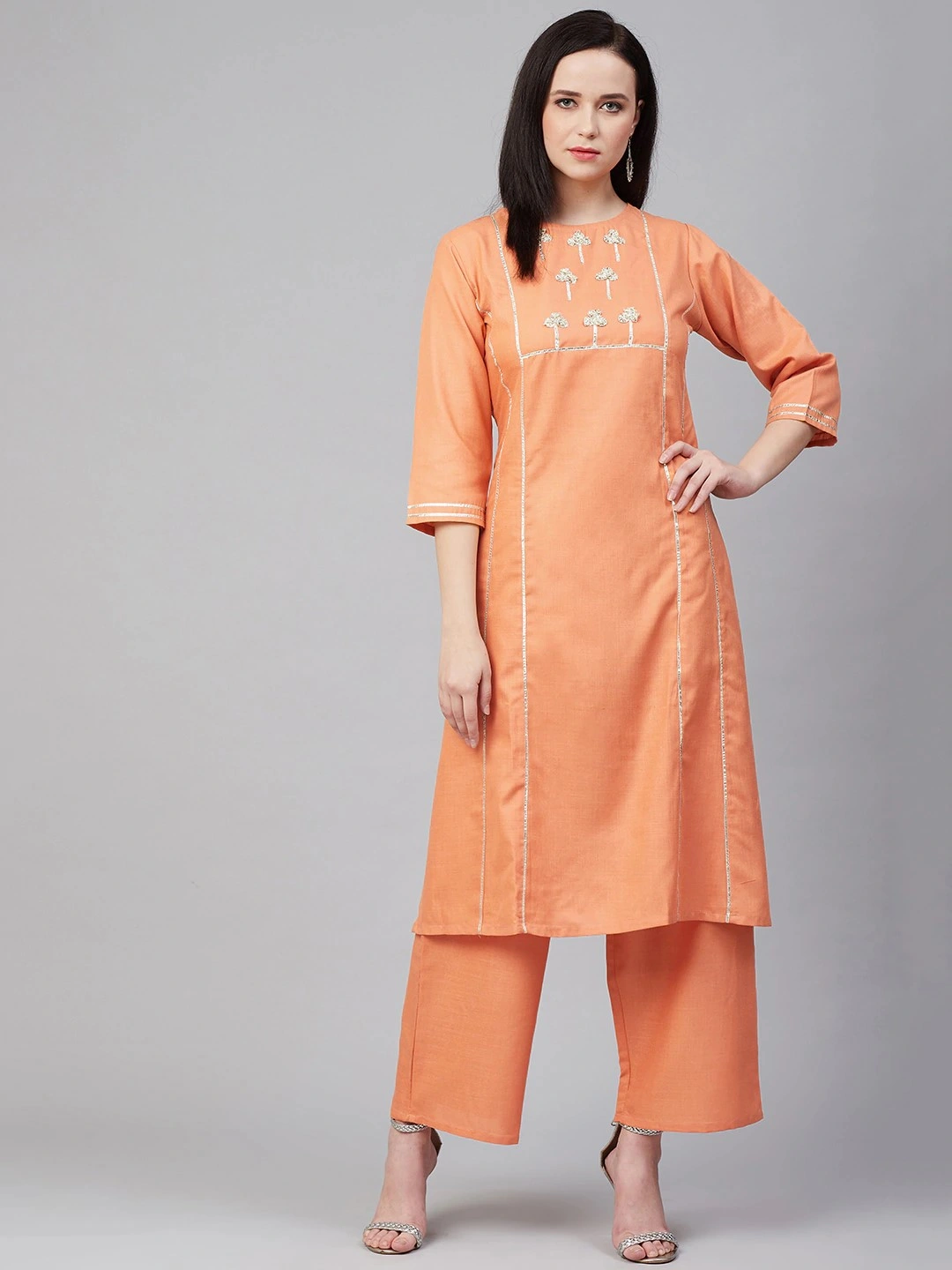 Bhama Couture Women Orange Yoke Design Kurta with Palazzos-BHKS274_L