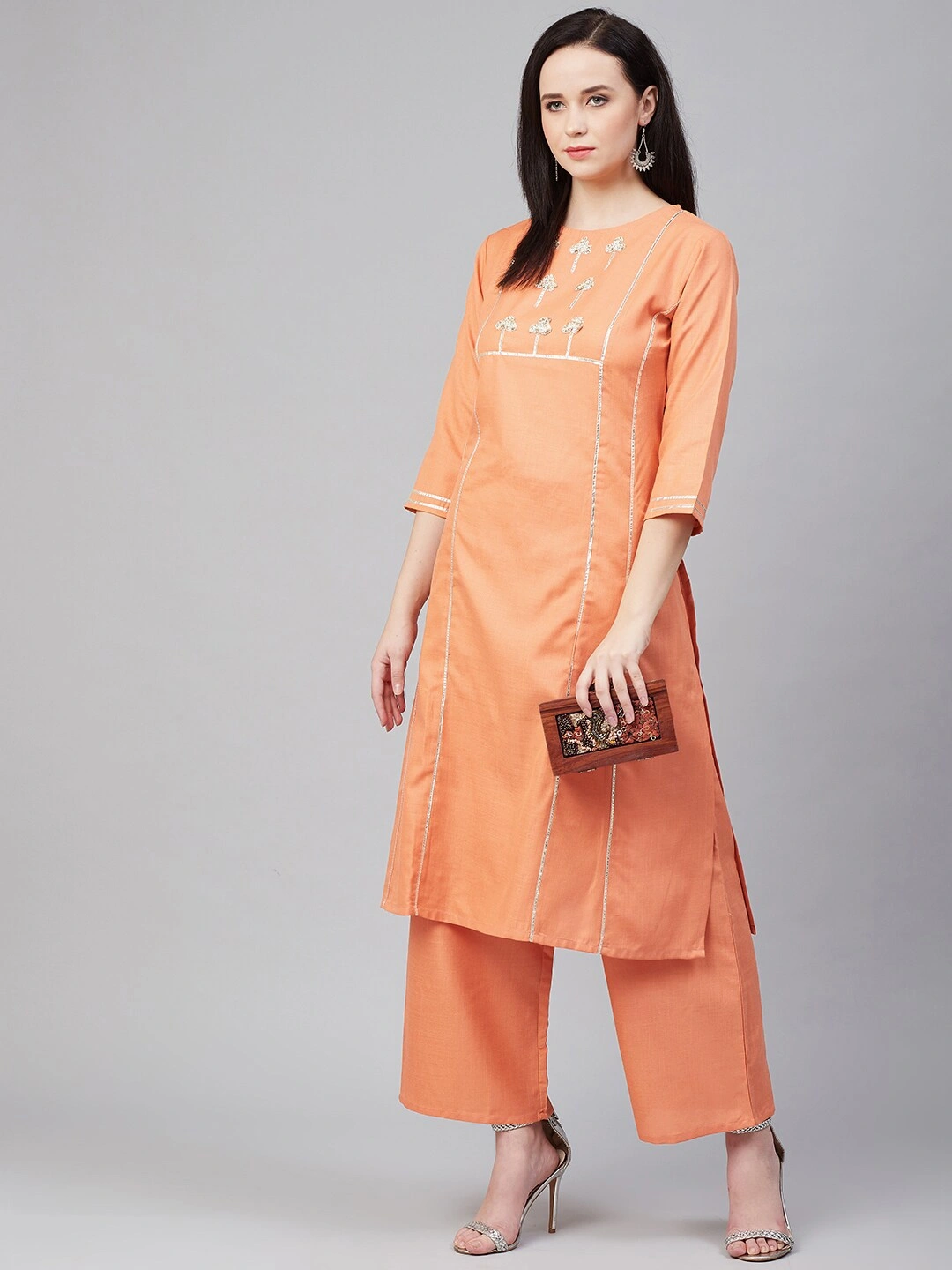 Bhama Couture Women Orange Yoke Design Kurta with Palazzos-L-1