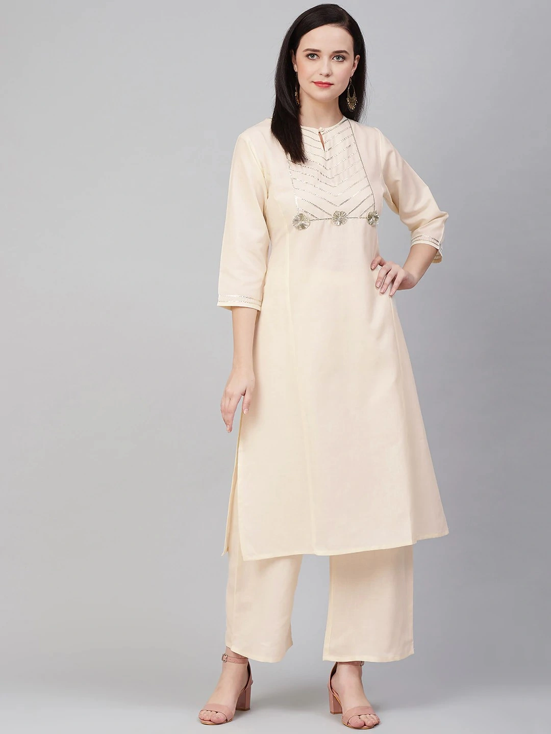 Bhama Couture Women Cream-Coloured Yoke Design Kurta with Palazzos-BHKS275_L