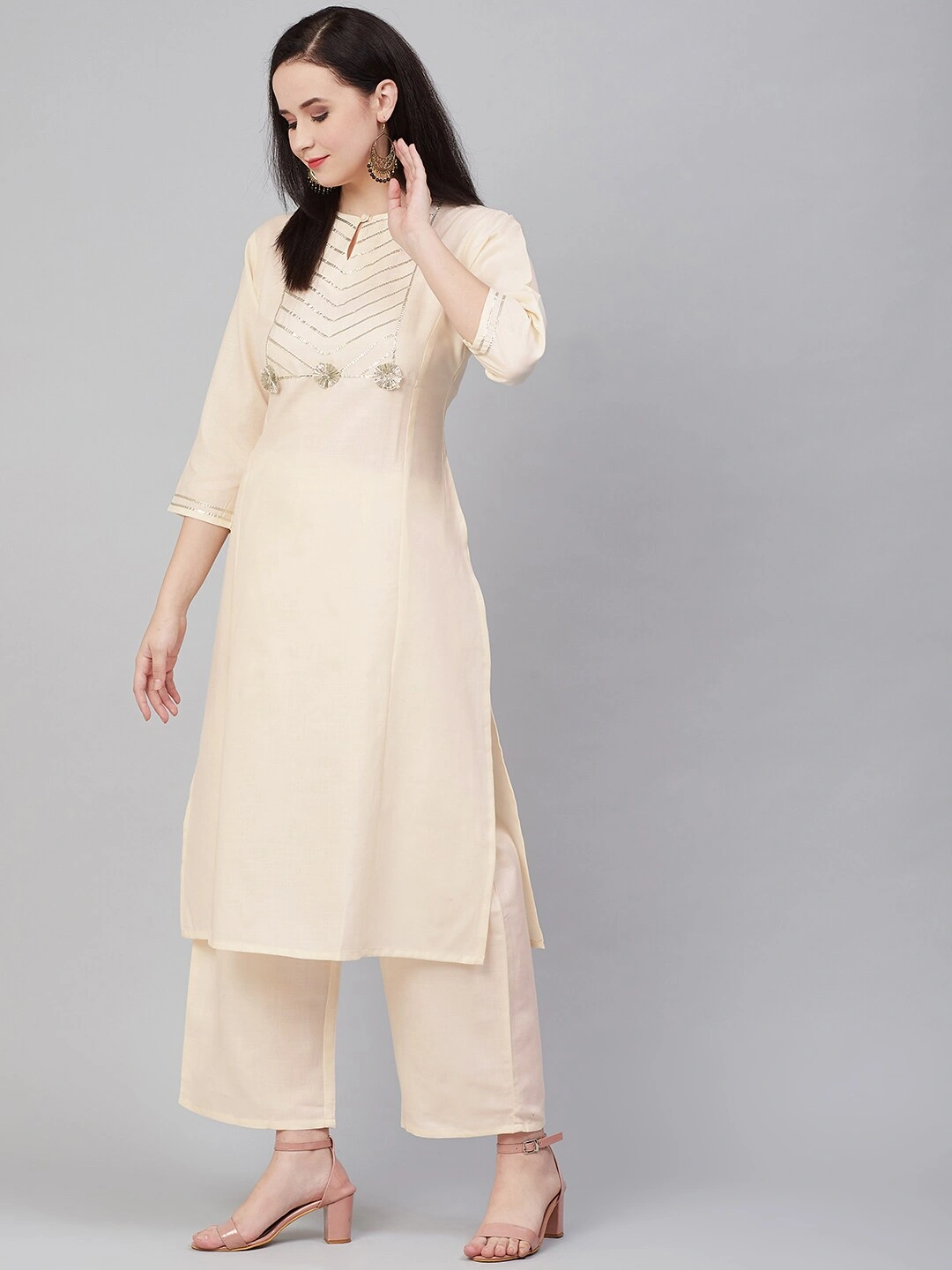 Bhama Couture Women Cream-Coloured Yoke Design Kurta with Palazzos-L-2