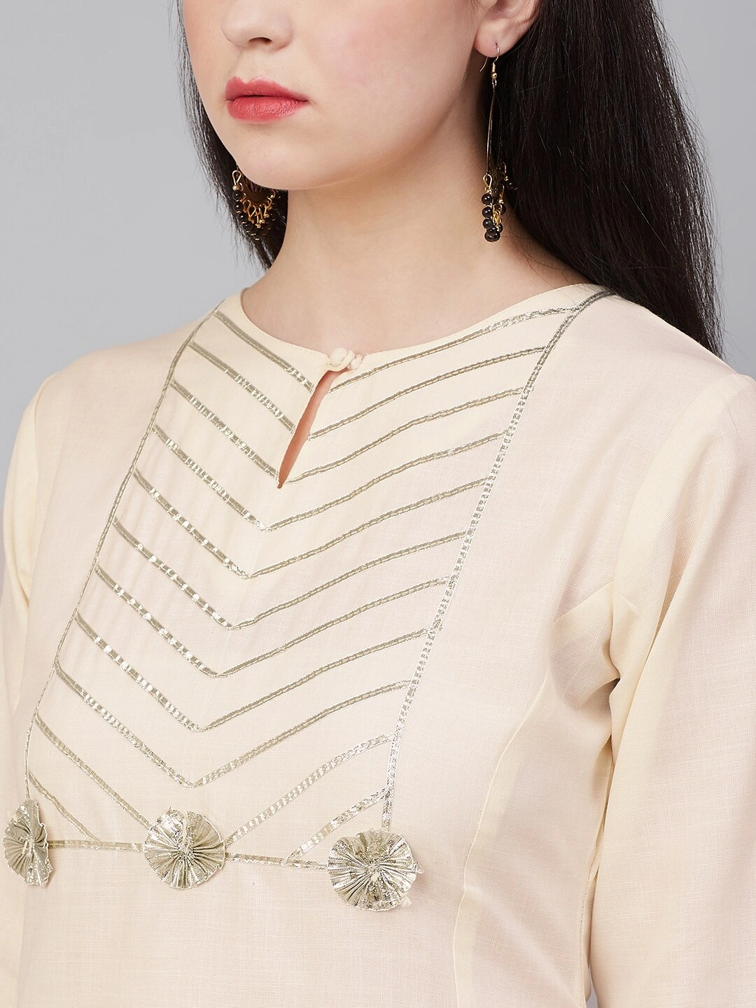 Bhama Couture Women Cream-Coloured Yoke Design Kurta with Palazzos-L-4