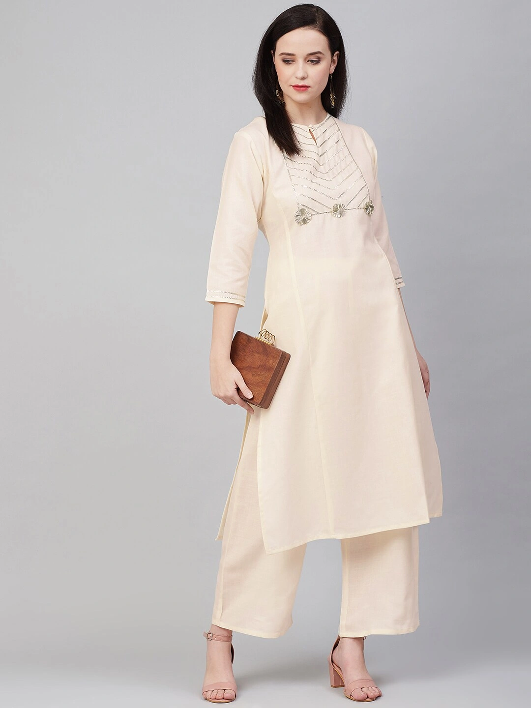 Bhama Couture Women Cream-Coloured Yoke Design Kurta with Palazzos-M-1