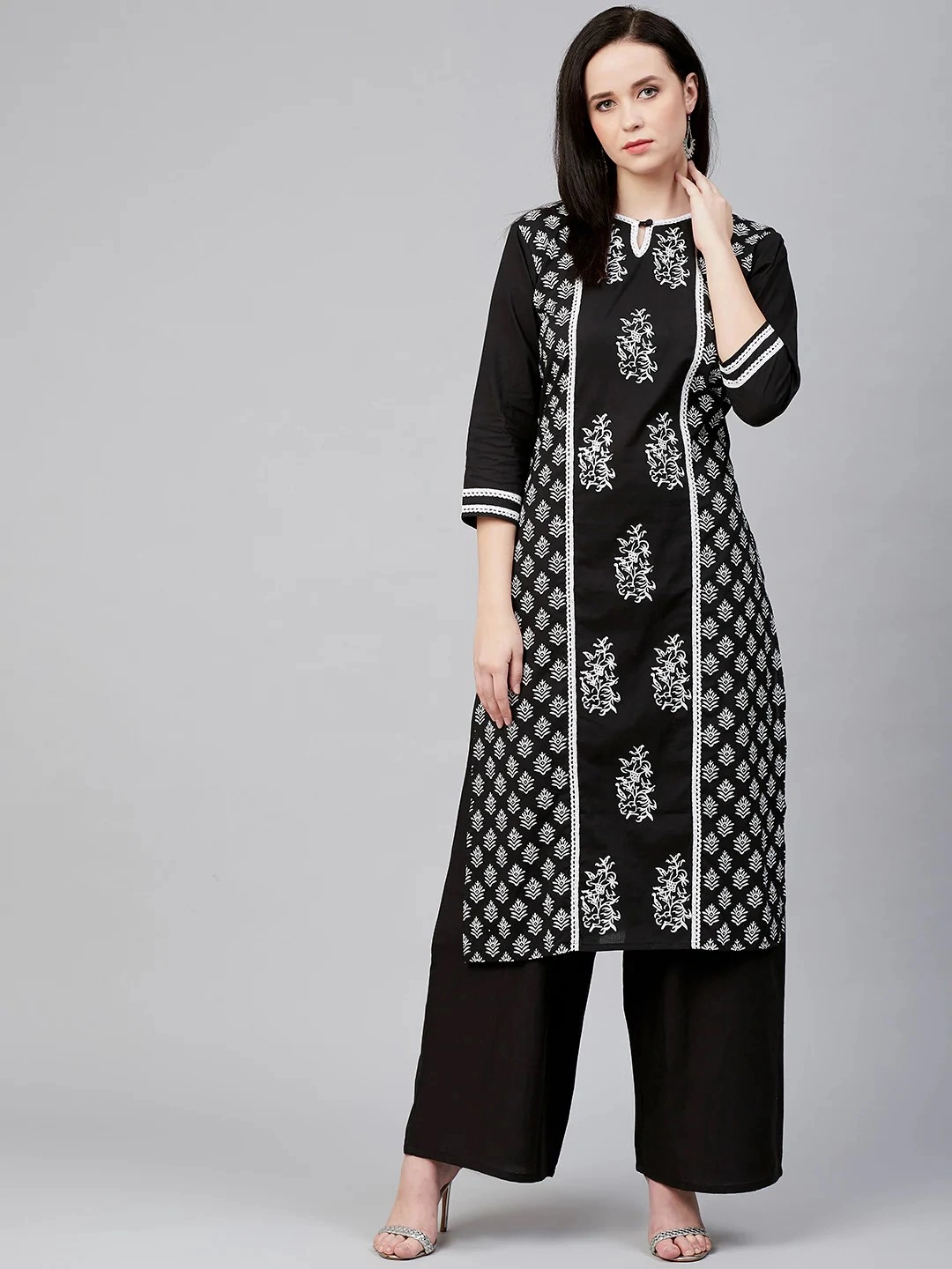 Bhama Couture Women Black &amp; White Block Print Kurta with Palazzos-BHKS277_L