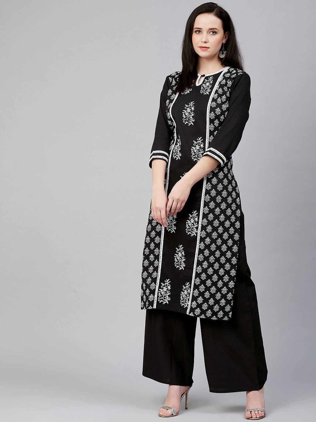 Bhama Couture Women Black &amp; White Block Print Kurta with Palazzos-L-1