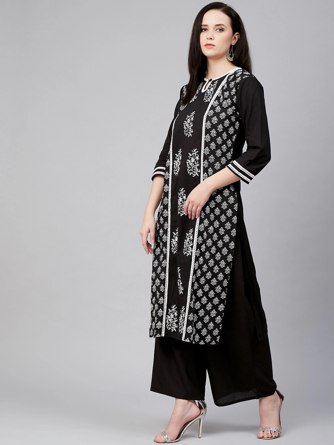 Bhama Couture Women Black &amp; White Block Print Kurta with Palazzos-M-2