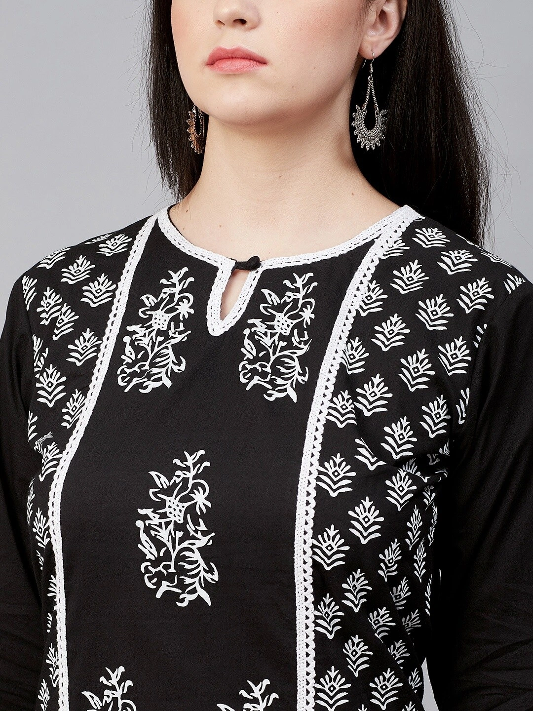 Bhama Couture Women Black &amp; White Block Print Kurta with Palazzos-M-4