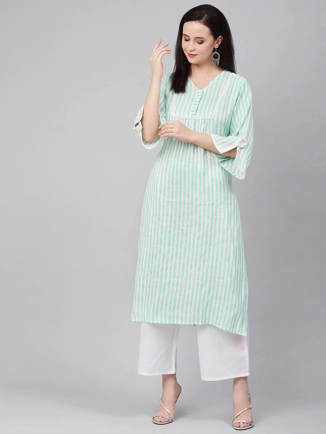 Bhama Couture Women Sea Green &amp; White Striped Kurta with Palazzos-BHKS278_L