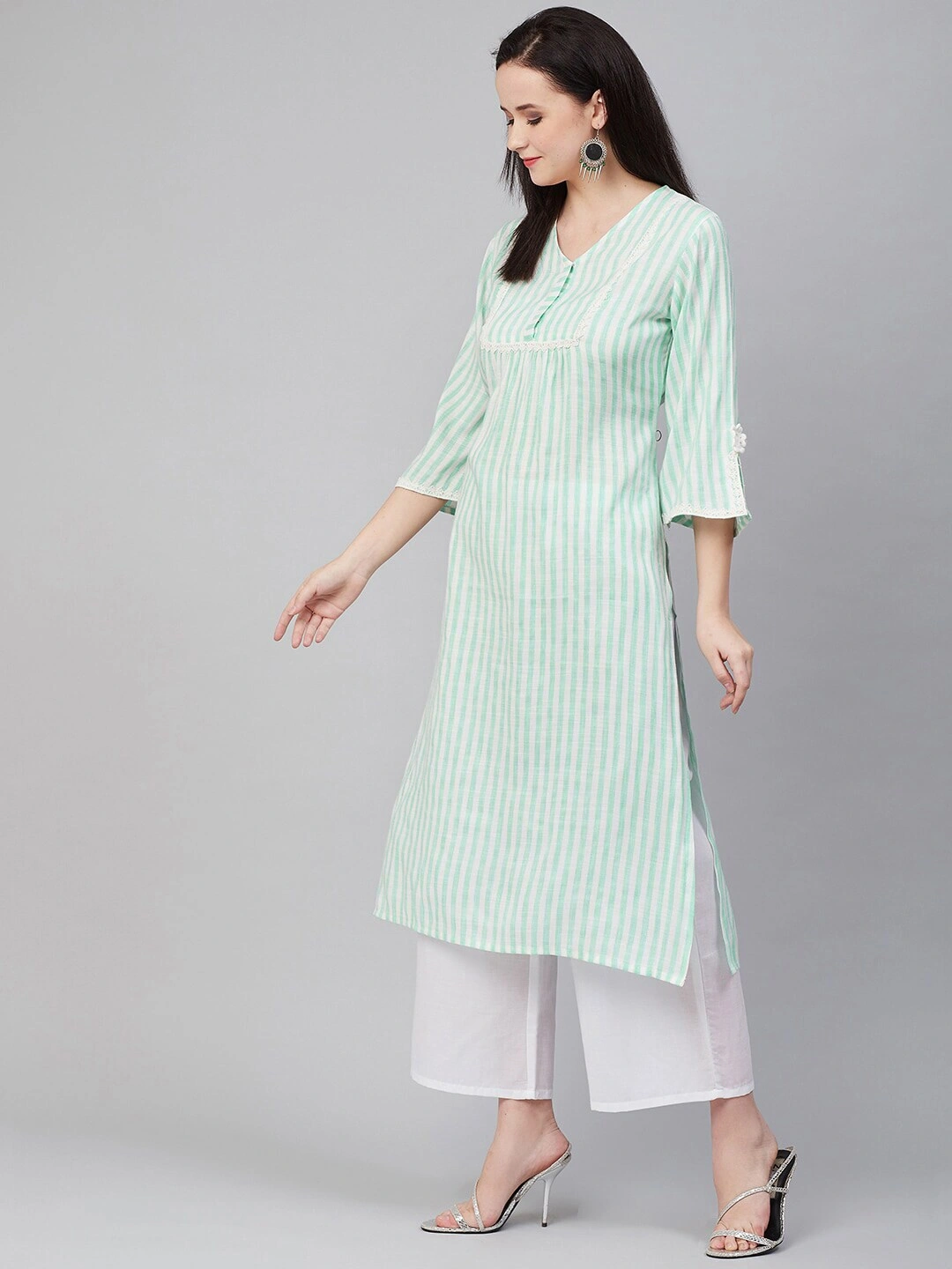 Bhama Couture Women Sea Green &amp; White Striped Kurta with Palazzos-L-2