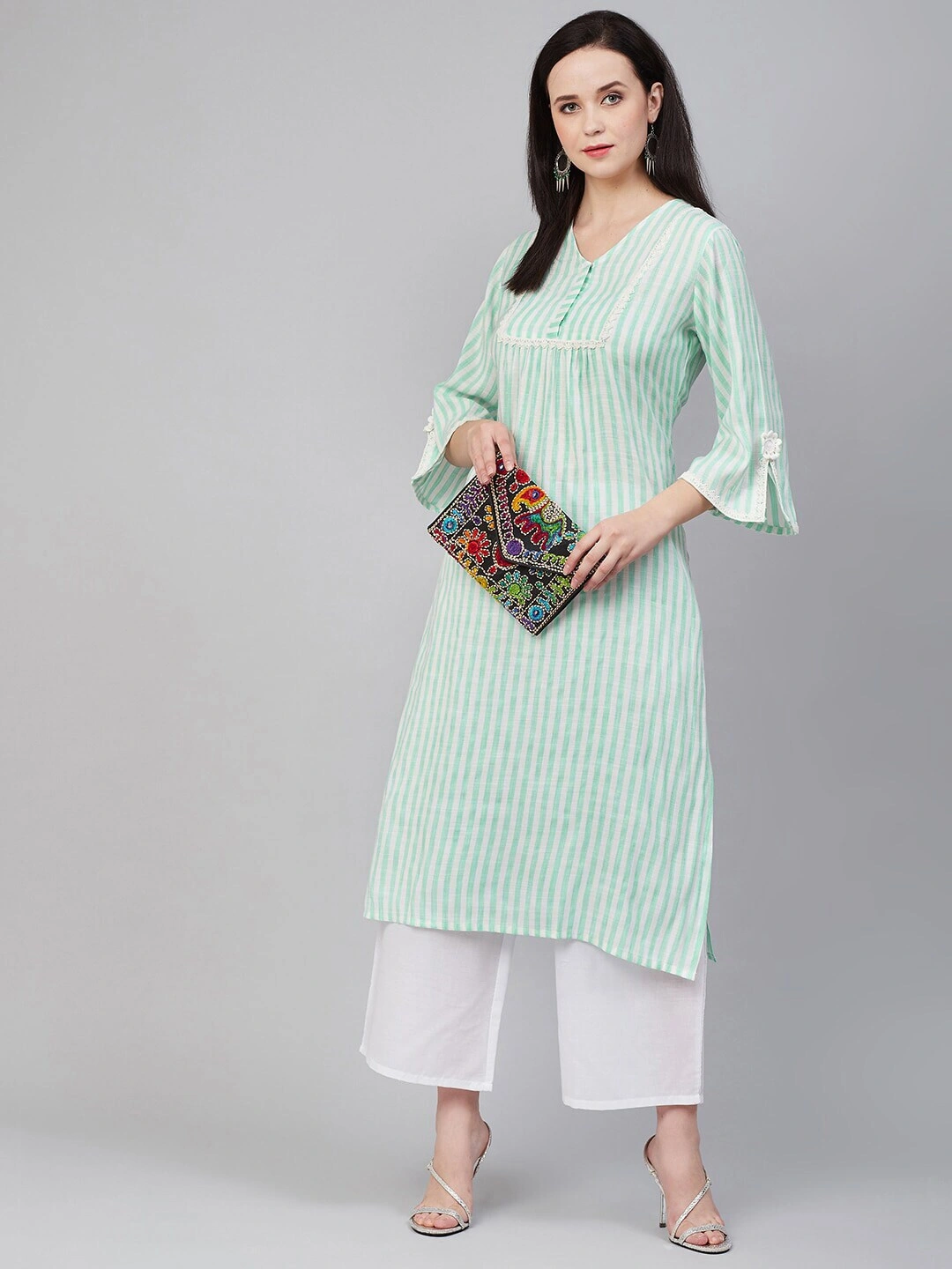 Bhama Couture Women Sea Green &amp; White Striped Kurta with Palazzos-M-1