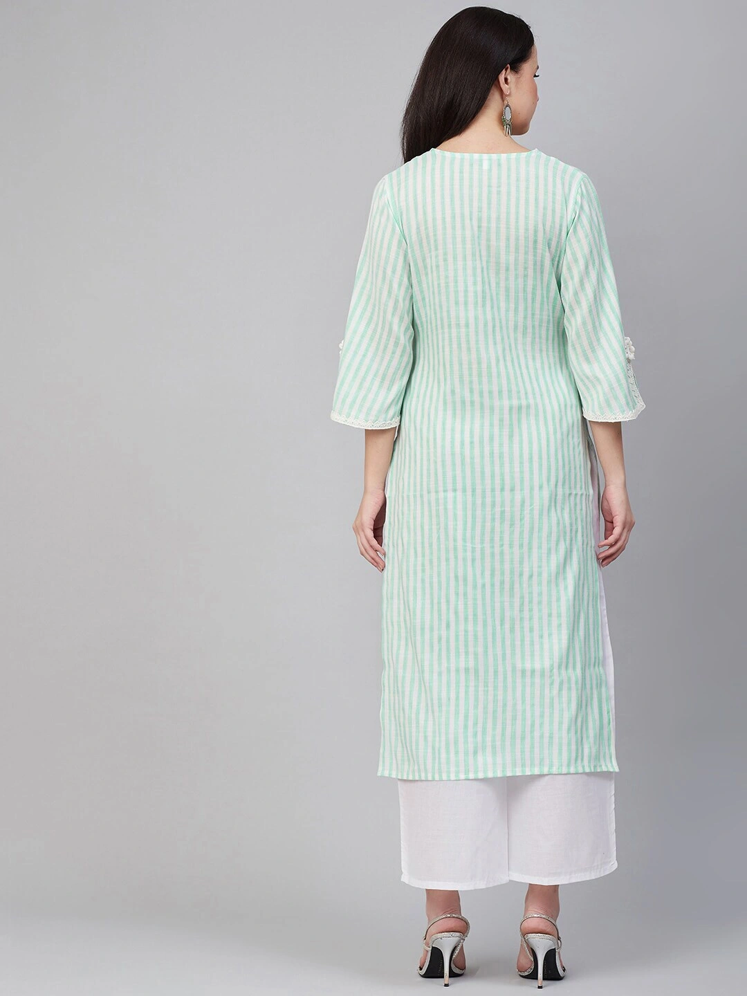 Bhama Couture Women Sea Green &amp; White Striped Kurta with Palazzos-M-3