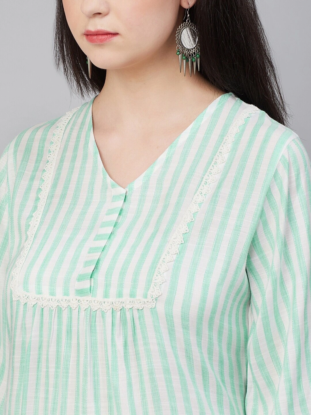 Bhama Couture Women Sea Green &amp; White Striped Kurta with Palazzos-M-4