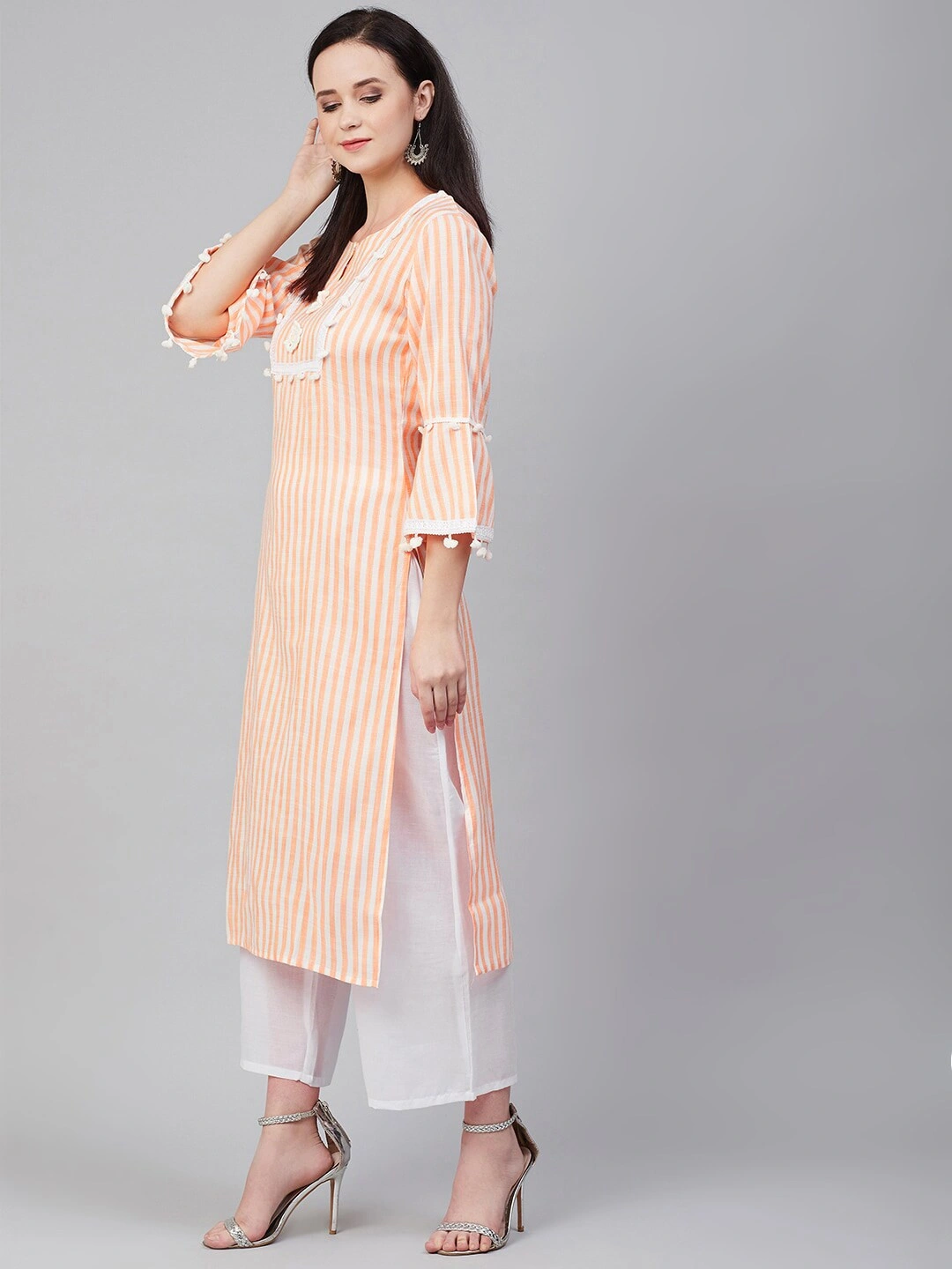 Bhama Couture Women Orange &amp; White Striped Kurta with Palazzos-L-2