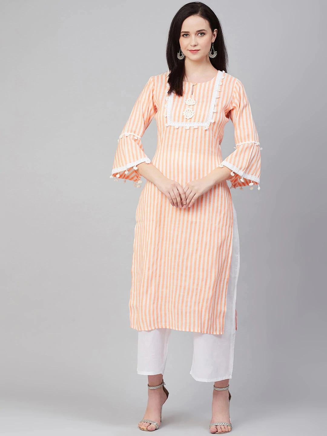 Bhama Couture Women Orange &amp; White Striped Kurta with Palazzos-BHKS279_M