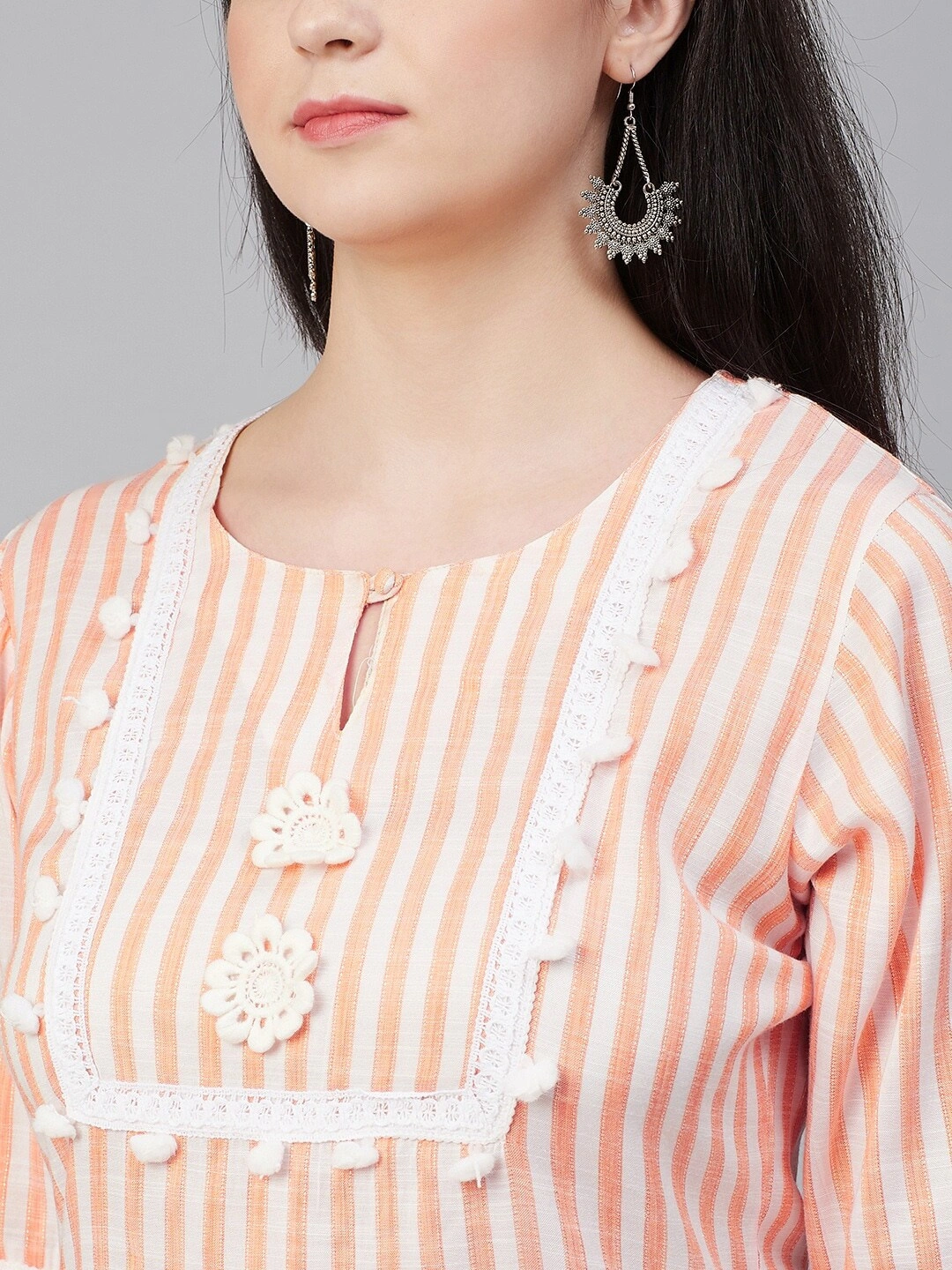 Bhama Couture Women Orange &amp; White Striped Kurta with Palazzos-M-4