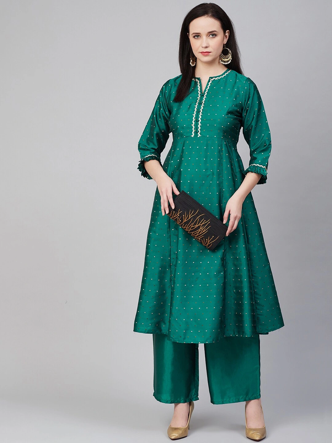 Bhama Couture Women Green &amp; Golden Woven Design Kurta with Palazzos-M-1