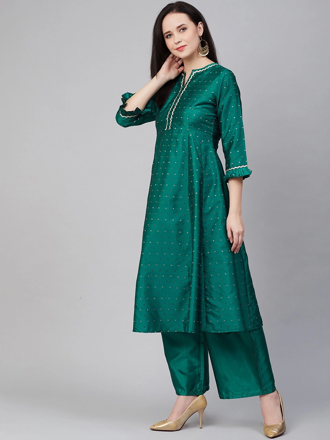 Bhama Couture Women Green &amp; Golden Woven Design Kurta with Palazzos-M-2