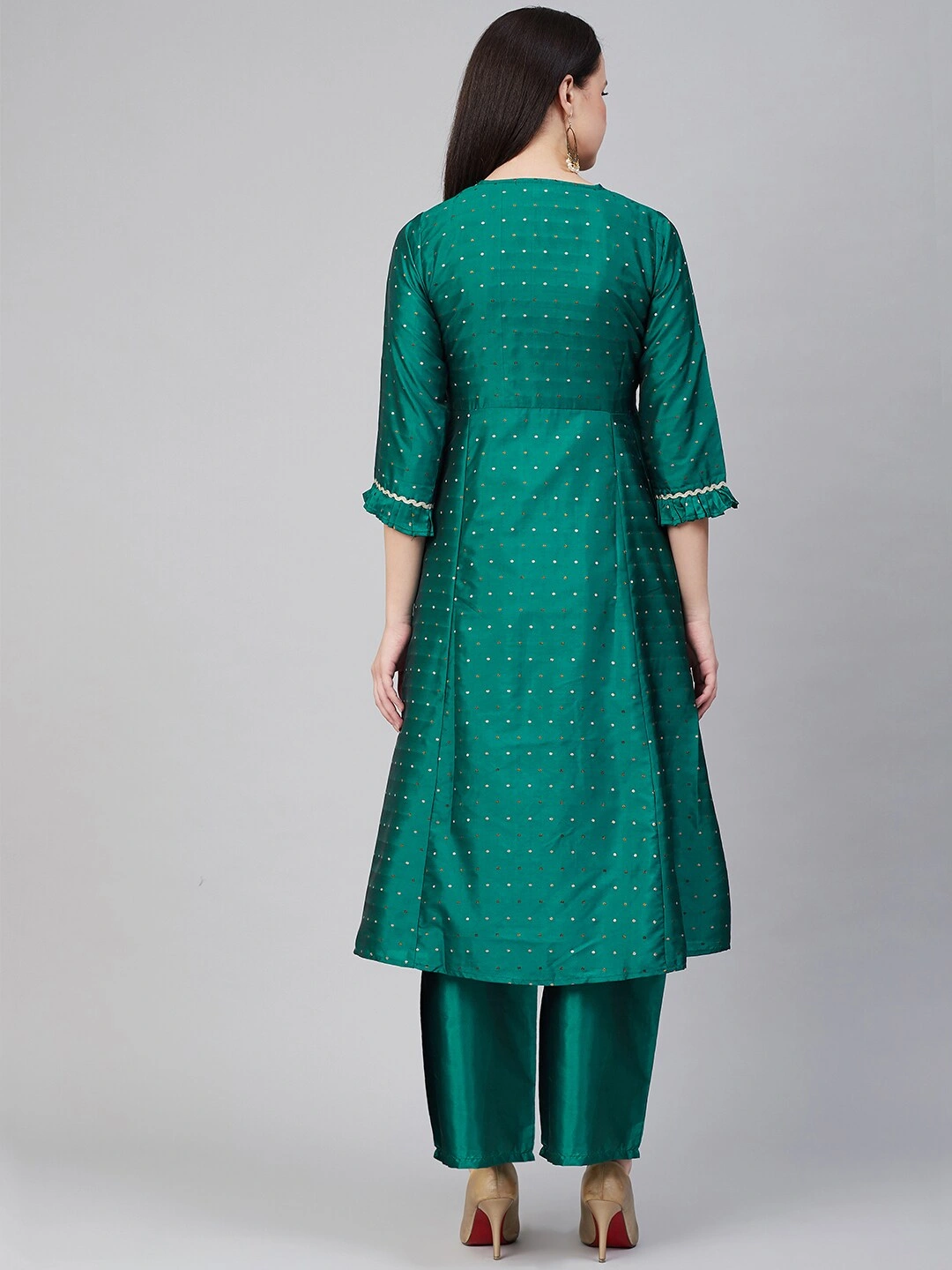 Bhama Couture Women Green &amp; Golden Woven Design Kurta with Palazzos-S-3