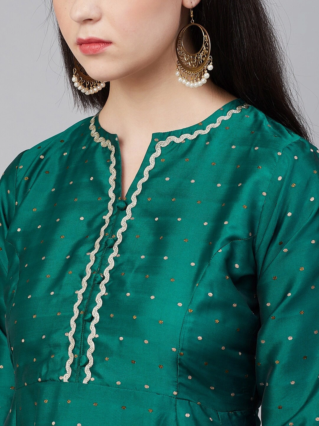 Bhama Couture Women Green &amp; Golden Woven Design Kurta with Palazzos-S-4