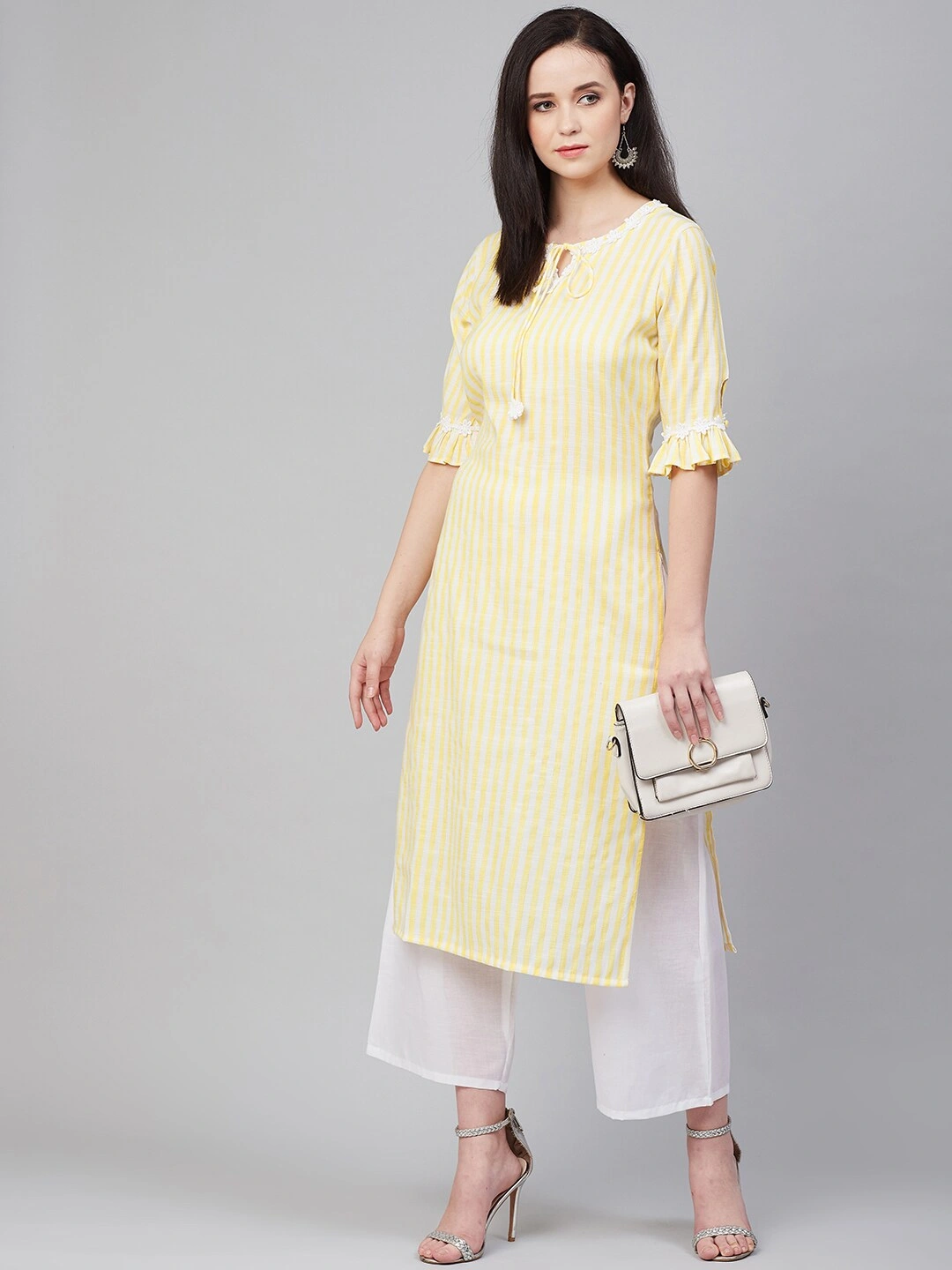 Bhama Couture Women Yellow &amp; White Striped Kurta with Palazzos-L-1