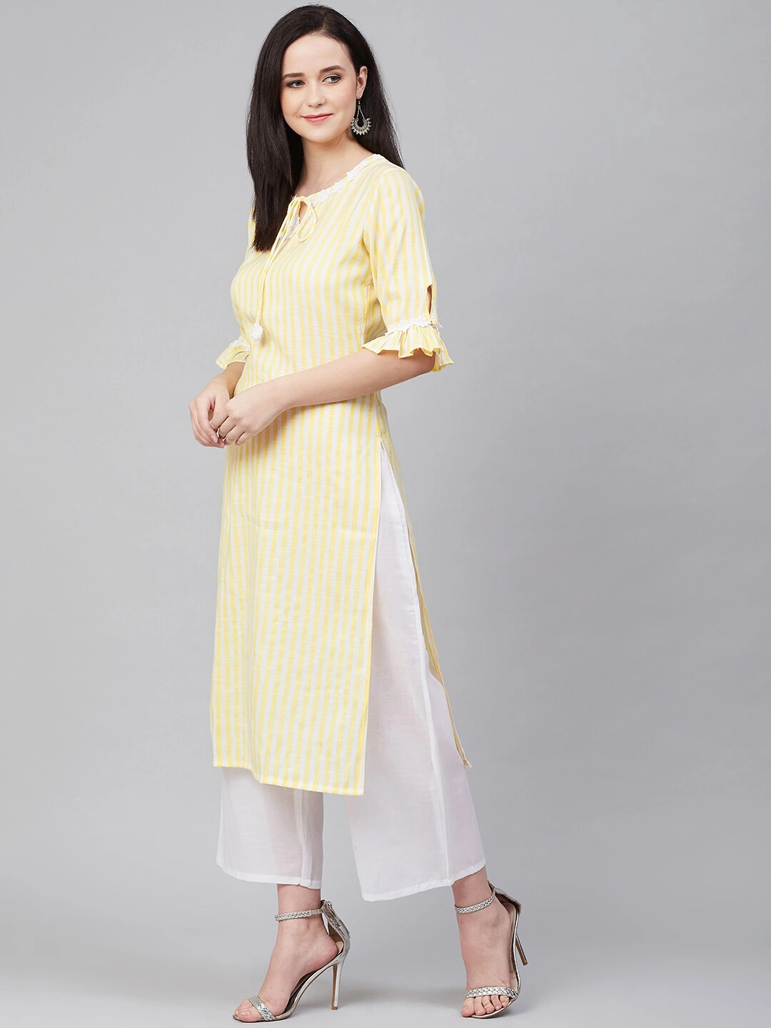 Bhama Couture Women Yellow &amp; White Striped Kurta with Palazzos-L-2