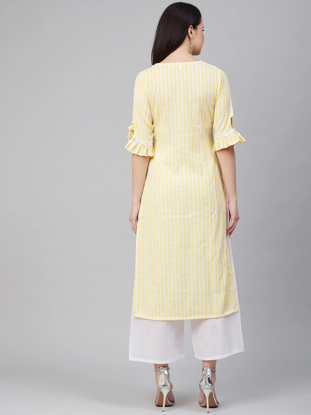 Bhama Couture Women Yellow &amp; White Striped Kurta with Palazzos-L-3