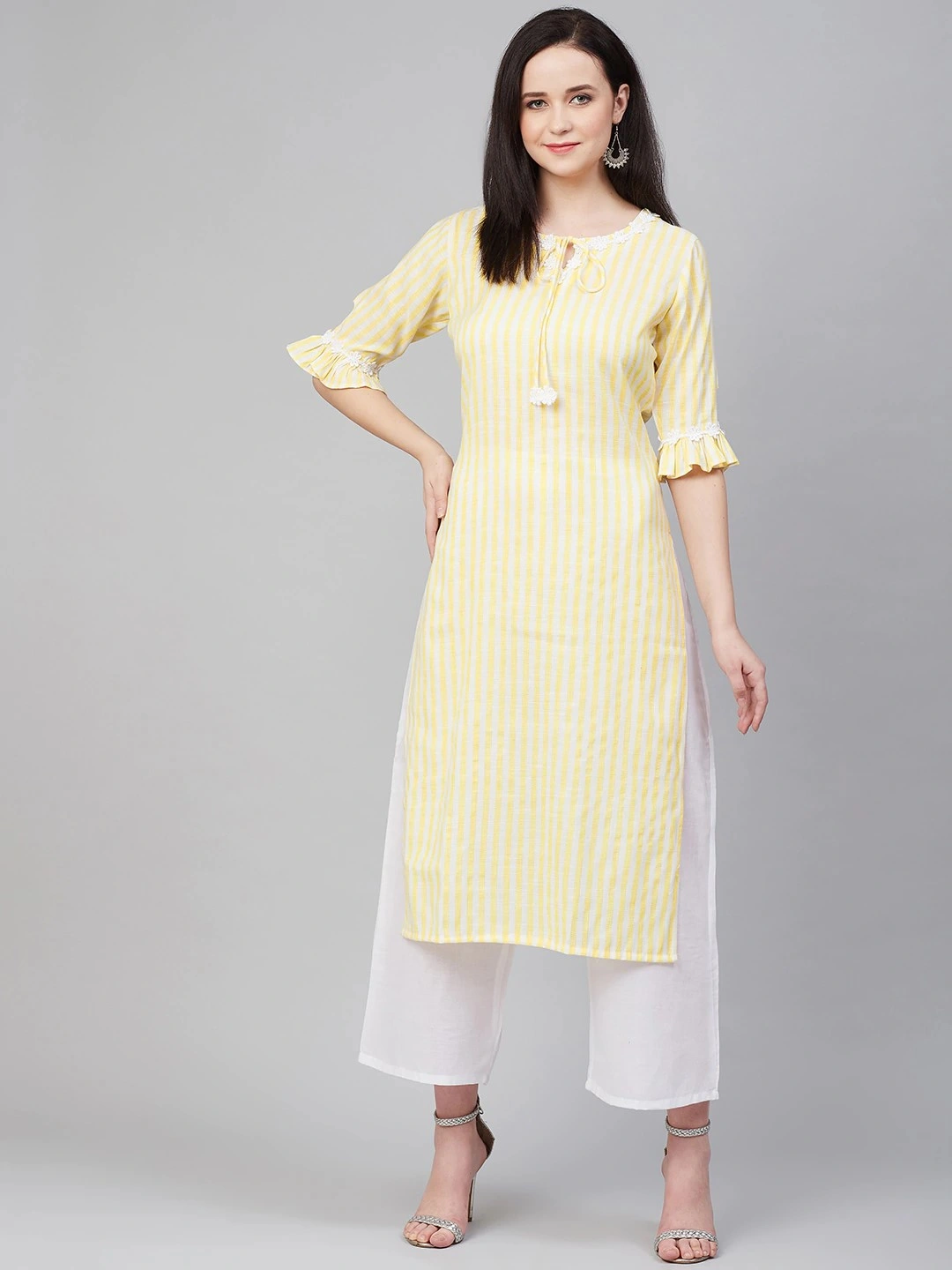 Bhama Couture Women Yellow &amp; White Striped Kurta with Palazzos-BHKS281_M