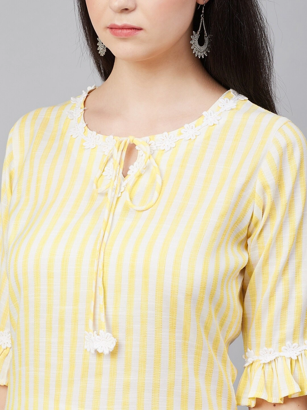 Bhama Couture Women Yellow &amp; White Striped Kurta with Palazzos-XL-4