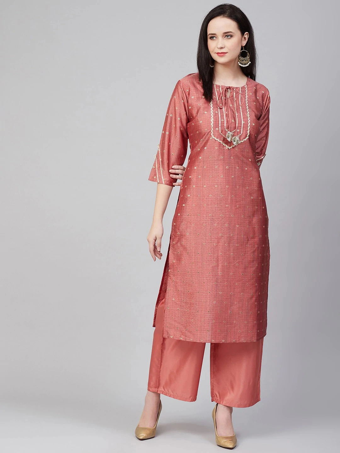 Bhama Couture Women Peach-Coloured Embroidered Kurta with Palazzos-BHKS282_L