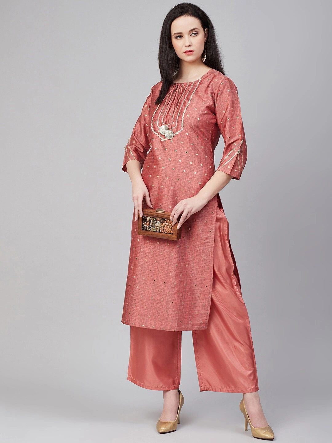 Bhama Couture Women Peach-Coloured Embroidered Kurta with Palazzos-L-1