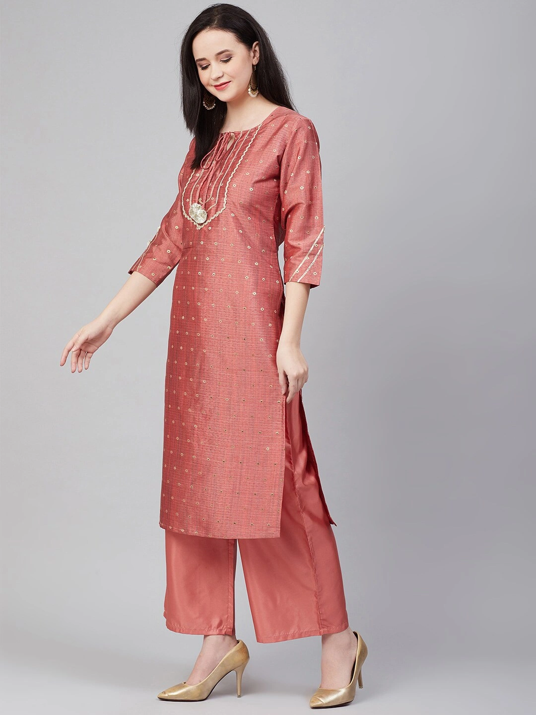 Bhama Couture Women Peach-Coloured Embroidered Kurta with Palazzos-L-2