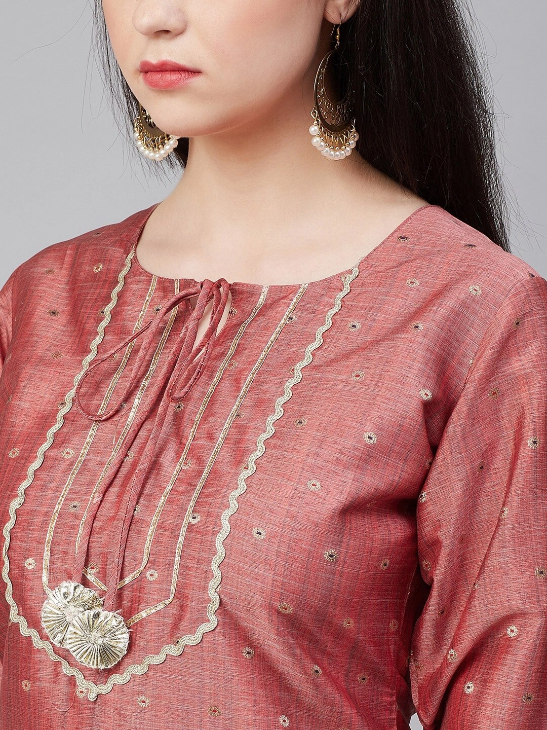 Bhama Couture Women Peach-Coloured Embroidered Kurta with Palazzos-L-4