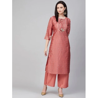 Bhama Couture Women Peach-Coloured Embroidered Kurta with Palazzos
