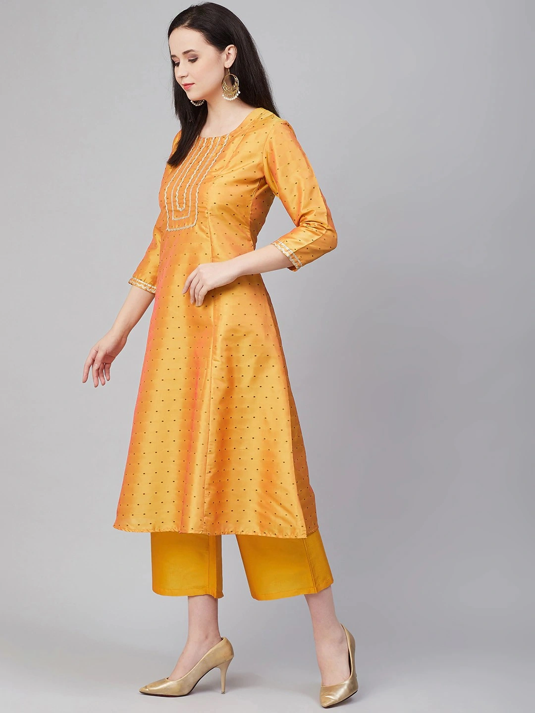 Bhama Couture Women Mustard Yellow &amp; Black Woven Design Kurta with Palazzos-L-2