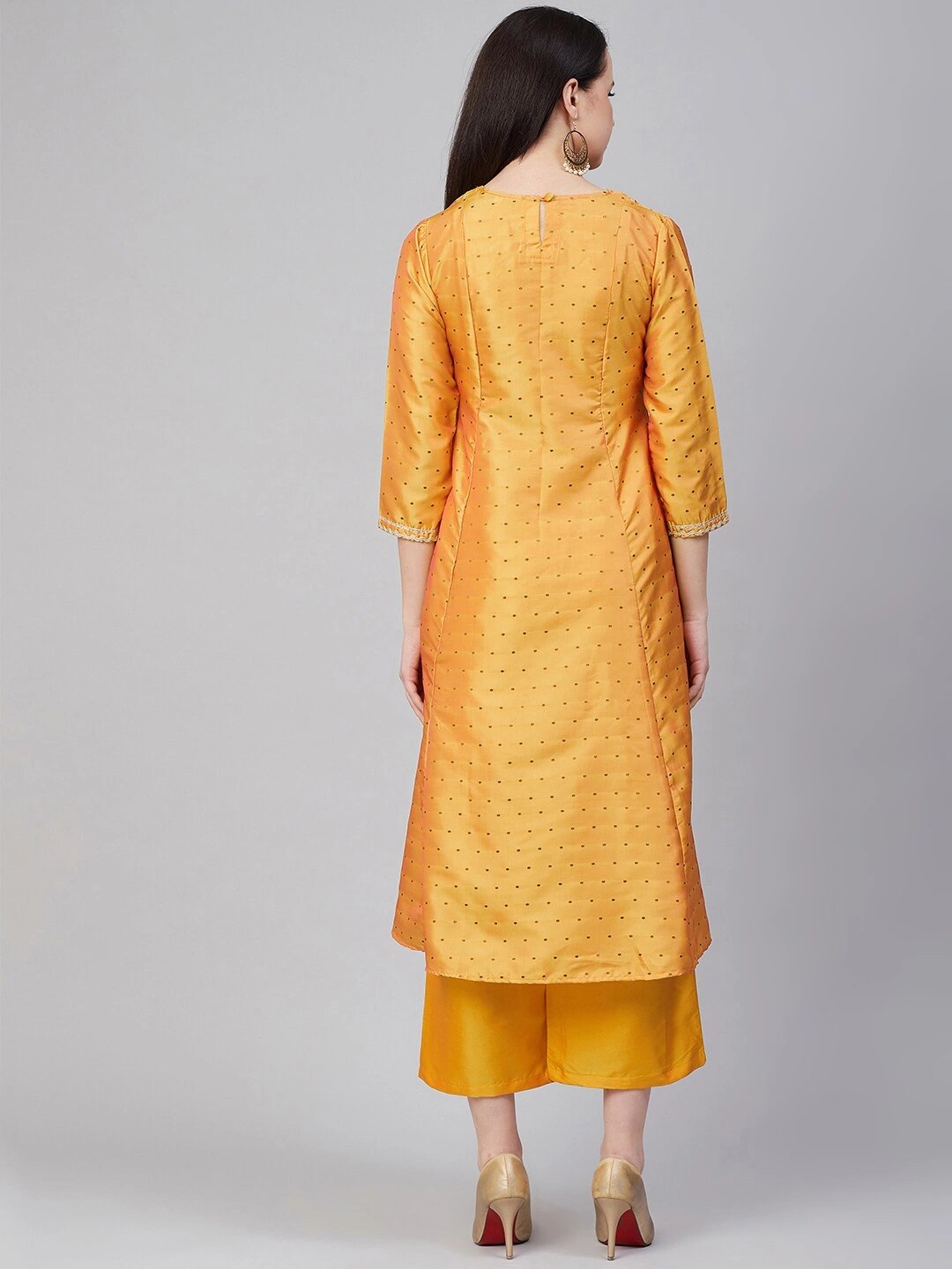 Bhama Couture Women Mustard Yellow &amp; Black Woven Design Kurta with Palazzos-L-3