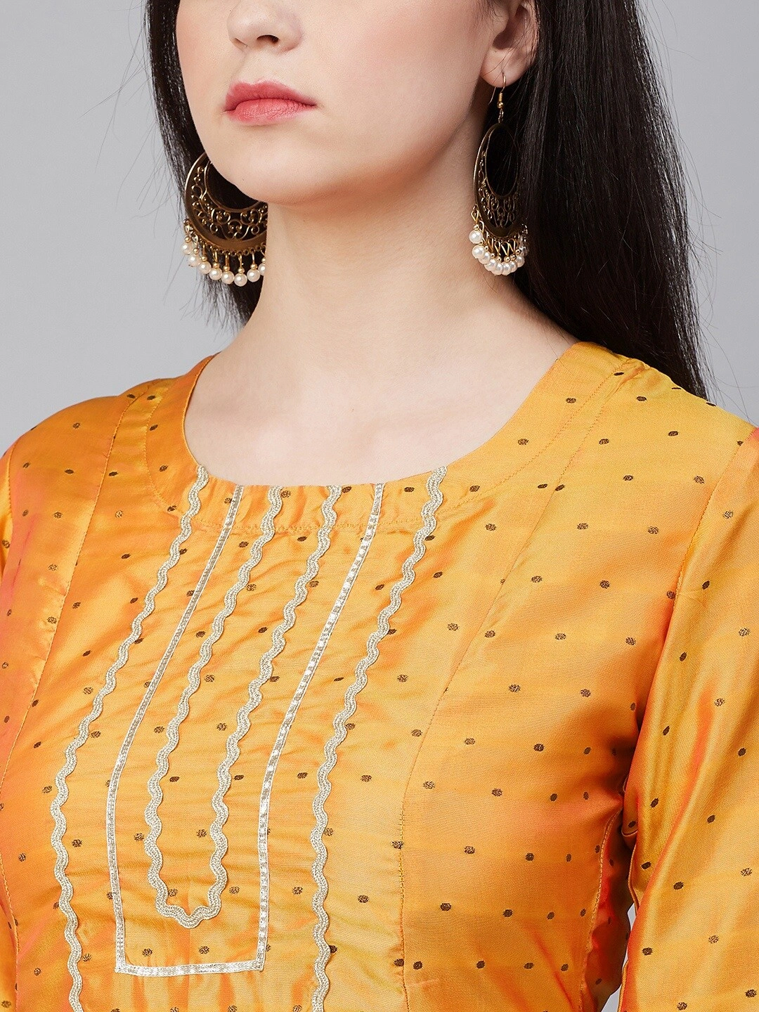 Bhama Couture Women Mustard Yellow &amp; Black Woven Design Kurta with Palazzos-L-4