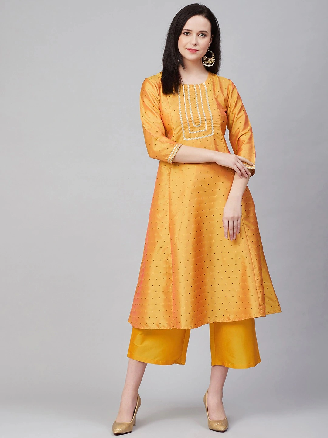 Bhama Couture Women Mustard Yellow &amp; Black Woven Design Kurta with Palazzos-BHKS283_M